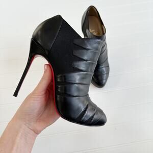 Christian Louboutin Lina Pleated Black Leather Ankle Bootie Stiletto Heel 36 120